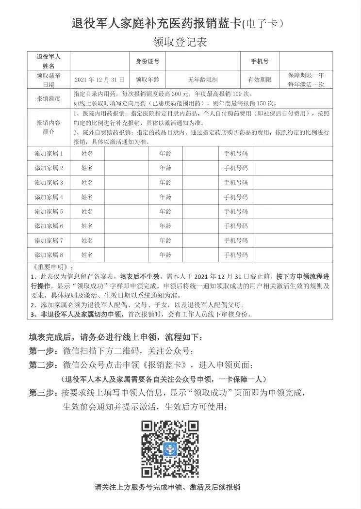 好消息！贵州军人军属退役军人及其家庭成员可免费领取“补充医药报销蓝卡”